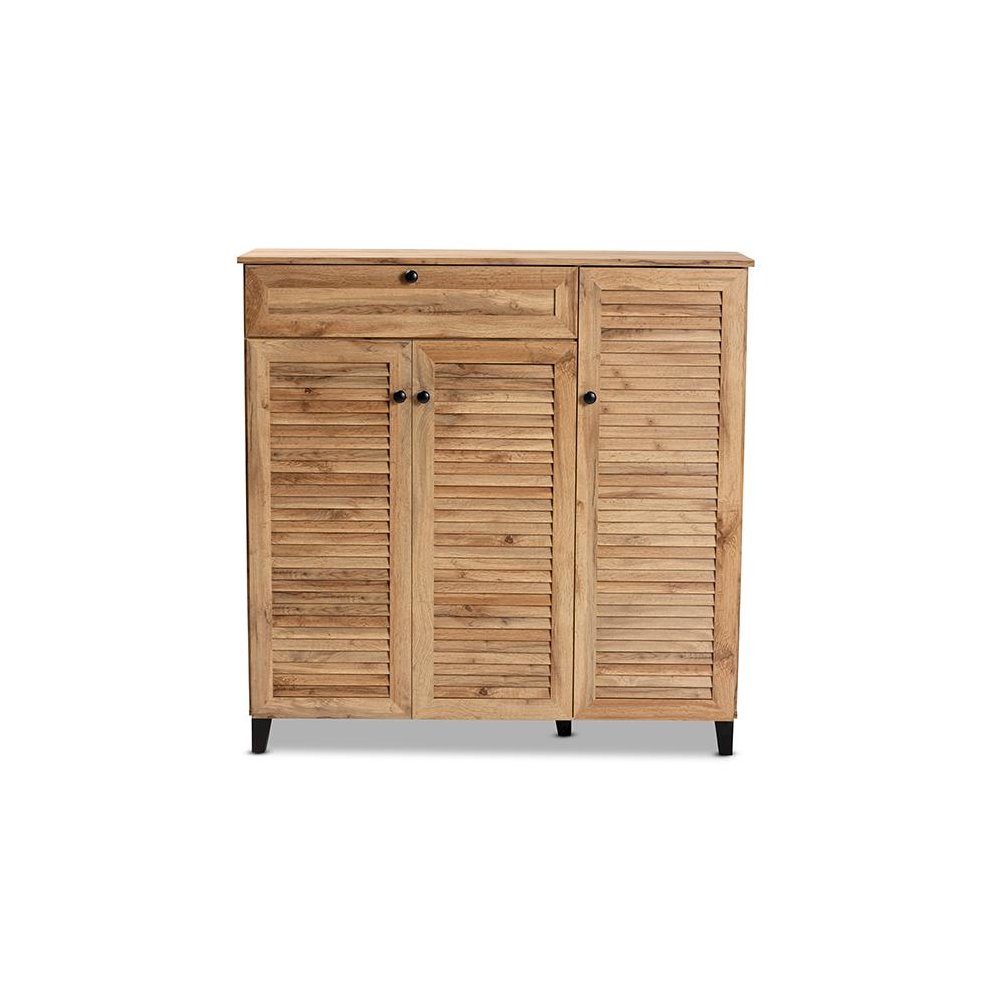 Oak Brown Finished Wood 3-Door Shoe Storage Cabinet with Drawer. Picture 3