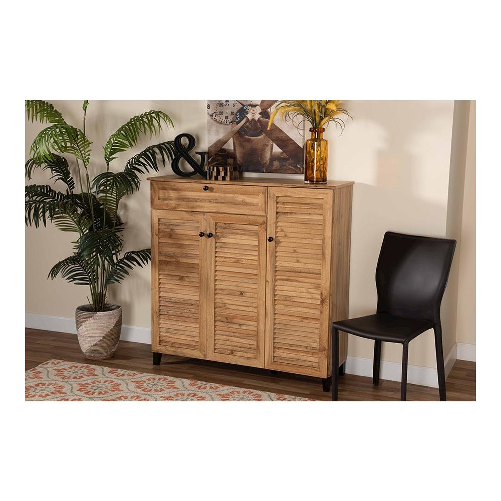 Oak Brown Finished Wood 3-Door Shoe Storage Cabinet with Drawer. Picture 8