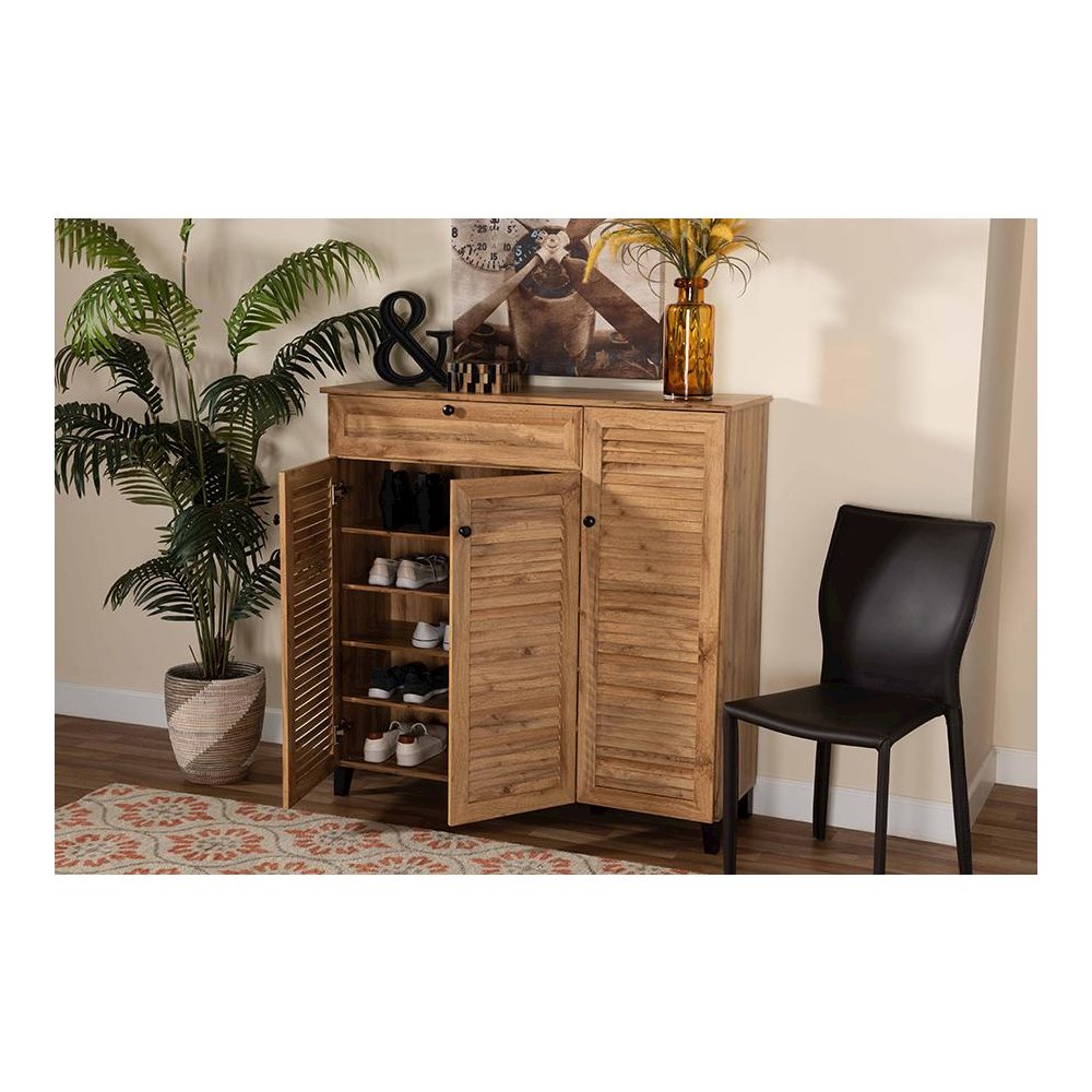 Oak Brown Finished Wood 3-Door Shoe Storage Cabinet with Drawer. Picture 9