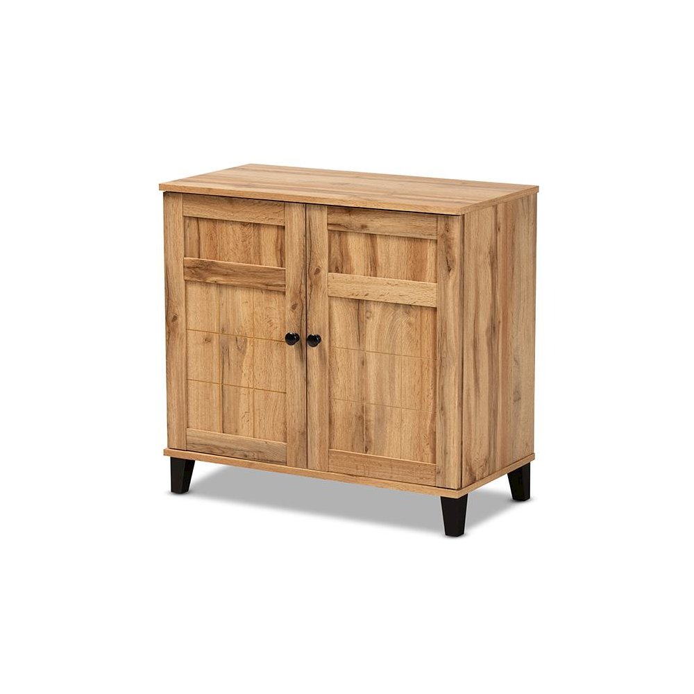 Oak Brown Finished Wood 2-Door Shoe Storage Cabinet. Picture 1
