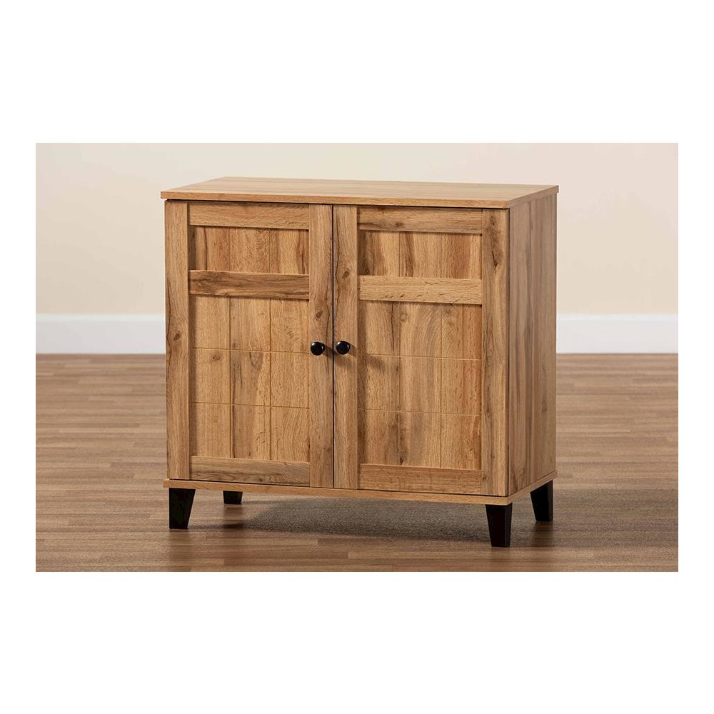Oak Brown Finished Wood 2-Door Shoe Storage Cabinet. Picture 10