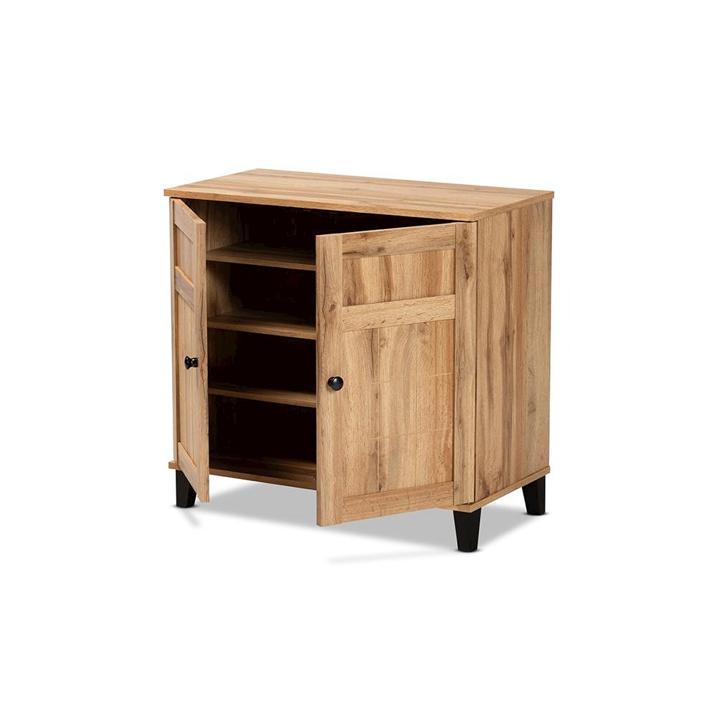 Oak Brown Finished Wood 2-Door Shoe Storage Cabinet. Picture 2