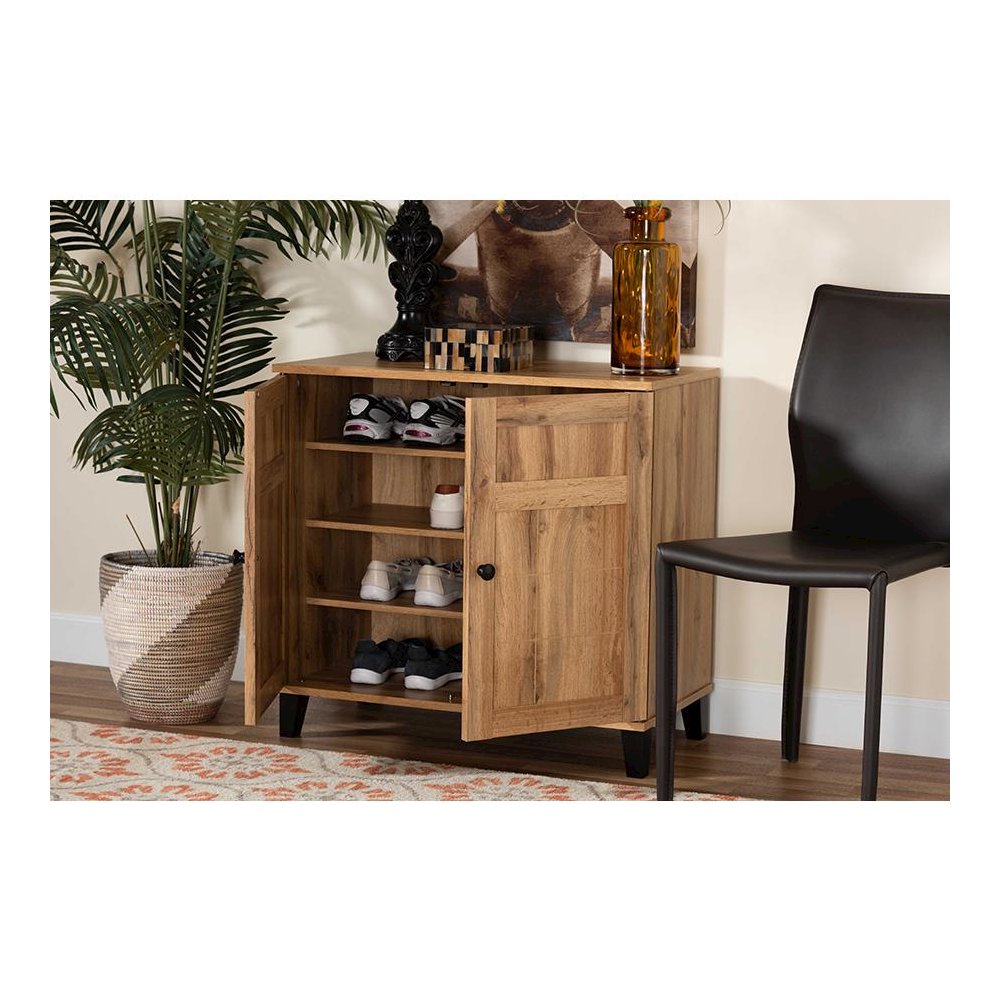 Oak Brown Finished Wood 2-Door Shoe Storage Cabinet. Picture 9
