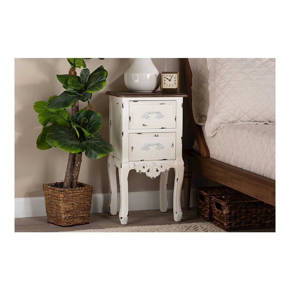 Baxton Studio Levron Classic and Traditional Two-Tone Walnut Brown and Antique White Finished Wood 2-Drawer Nightstand. Picture 11