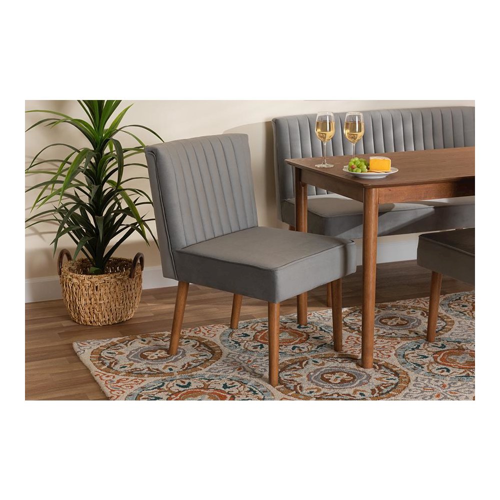 Grey Velvet Upholstered and Walnut Brown Finished Wood Dining Chair. Picture 8