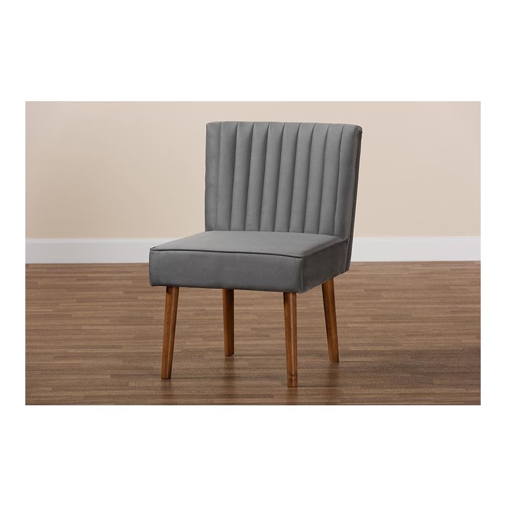 Grey Velvet Upholstered and Walnut Brown Finished Wood Dining Chair. Picture 9