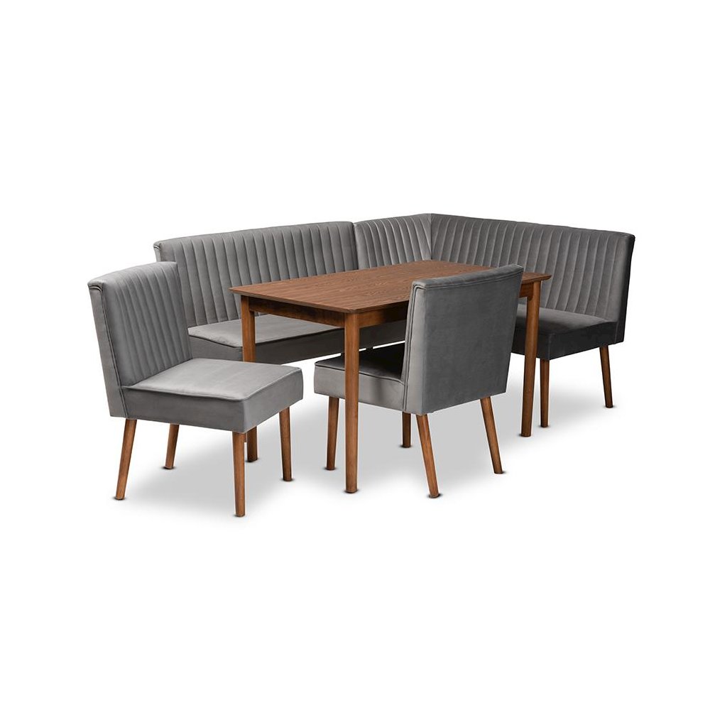 Grey Velvet Upholstered and Walnut Brown Finished Wood 5-Piece Dining Nook Set. Picture 1