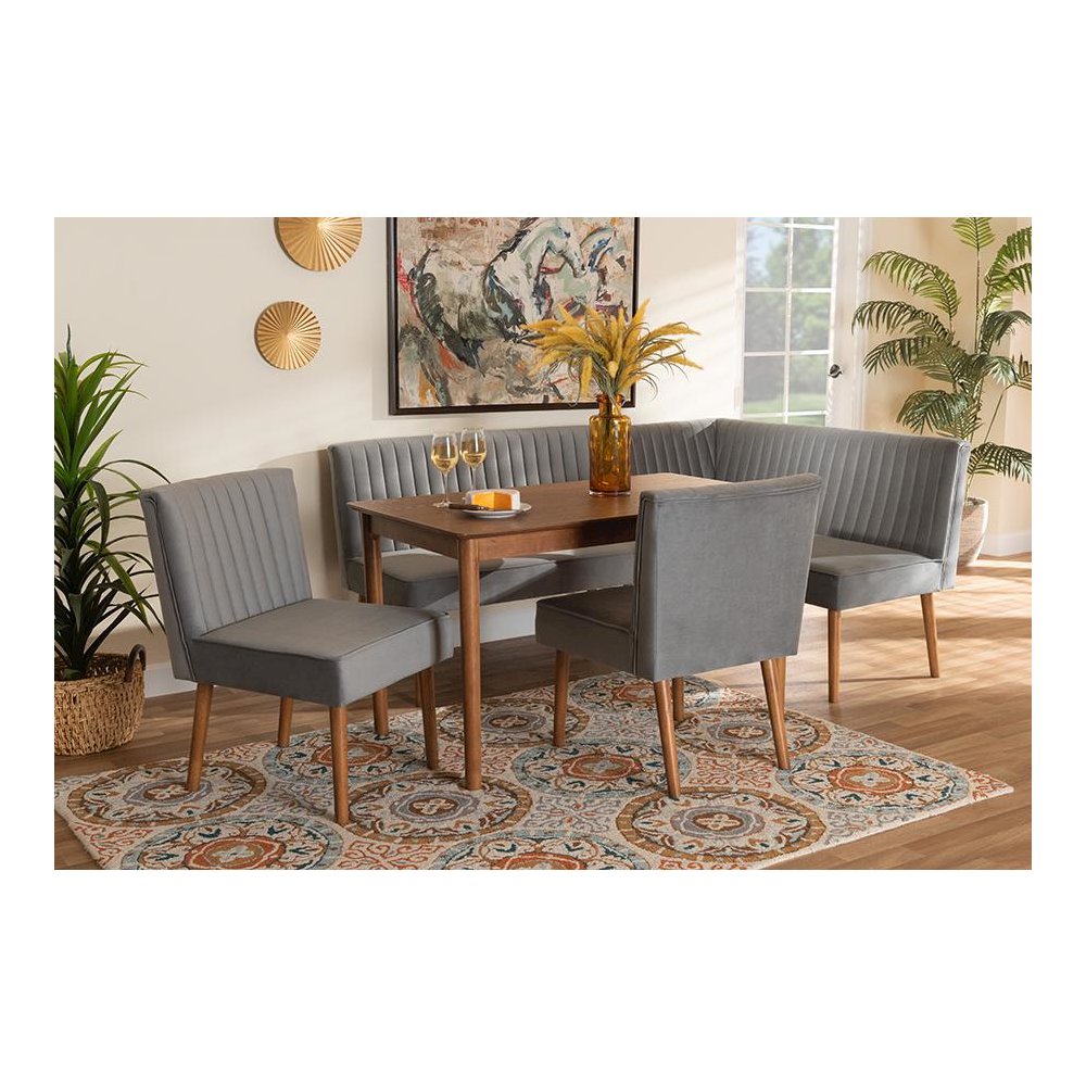 Grey Velvet Upholstered and Walnut Brown Finished Wood 5-Piece Dining Nook Set. Picture 11