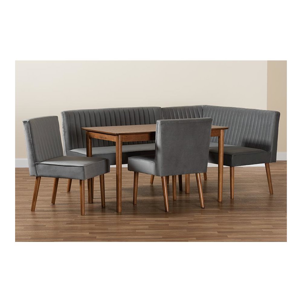 Grey Velvet Upholstered and Walnut Brown Finished Wood 5-Piece Dining Nook Set. Picture 12