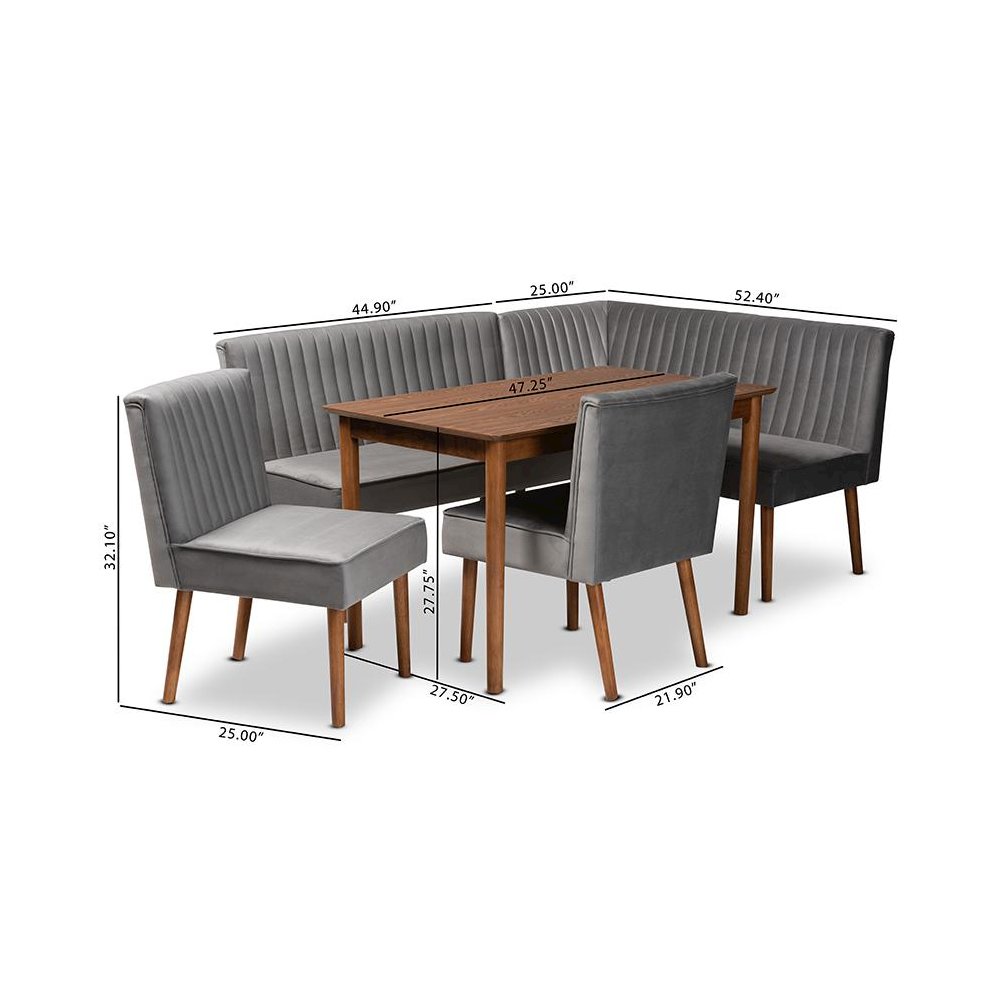 Grey Velvet Upholstered and Walnut Brown Finished Wood 5-Piece Dining Nook Set. Picture 13