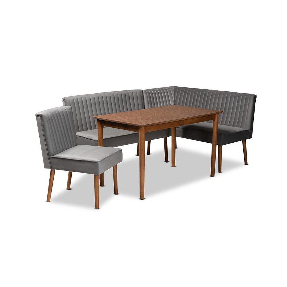 Grey Velvet Upholstered and Walnut Brown Finished Wood 4-Piece Dining Nook Set. Picture 1