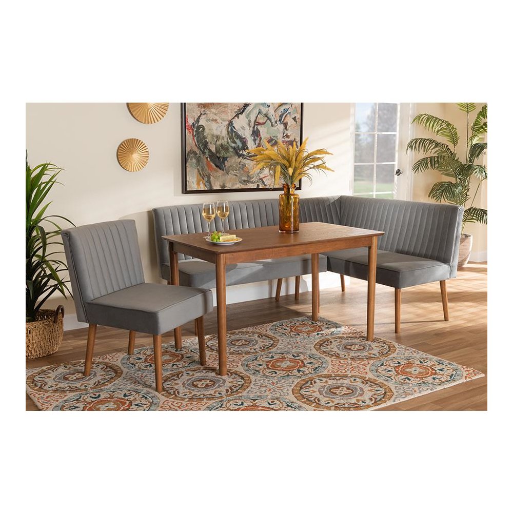 Grey Velvet Upholstered and Walnut Brown Finished Wood 4-Piece Dining Nook Set. Picture 10