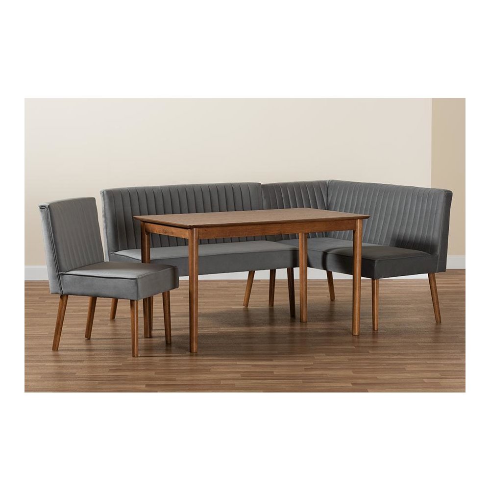 Grey Velvet Upholstered and Walnut Brown Finished Wood 4-Piece Dining Nook Set. Picture 11