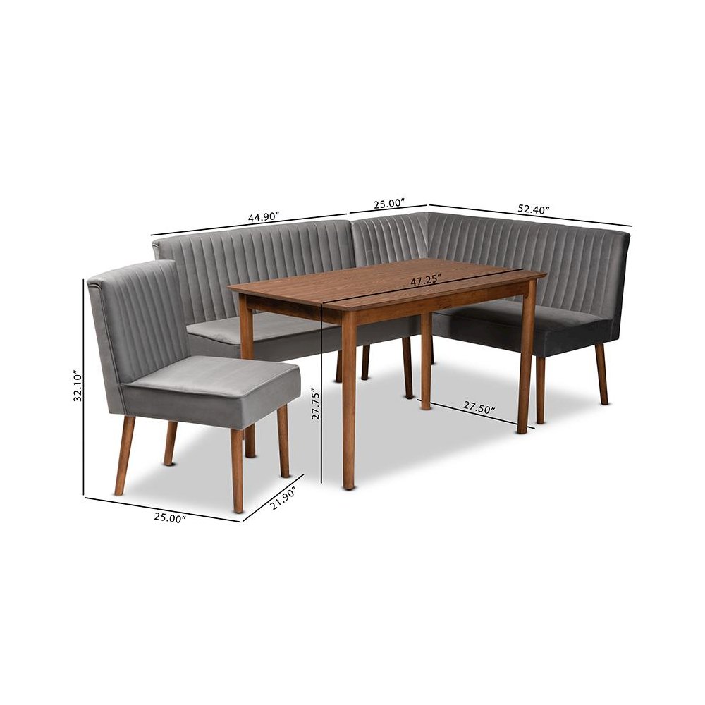 Grey Velvet Upholstered and Walnut Brown Finished Wood 4-Piece Dining Nook Set. Picture 12