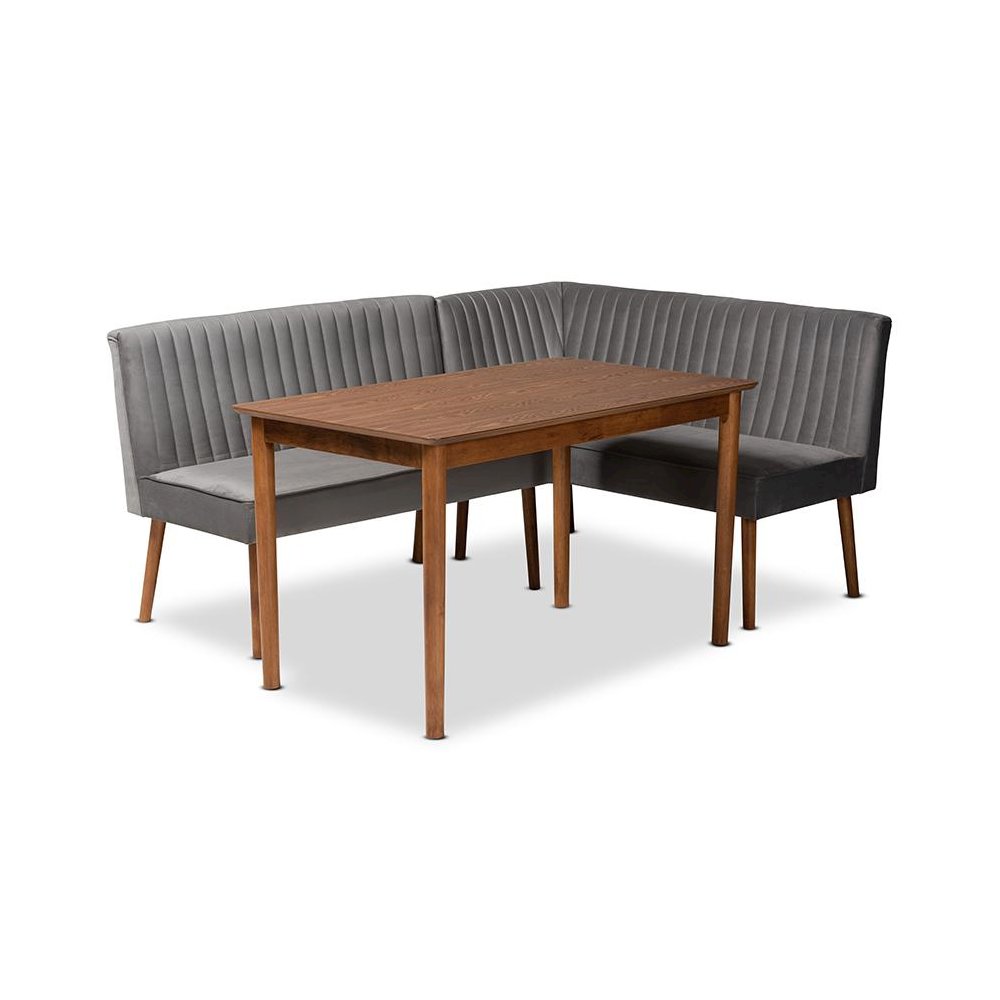 Grey Velvet Upholstered and Walnut Brown Finished Wood 3-Piece Dining Nook Set. Picture 1
