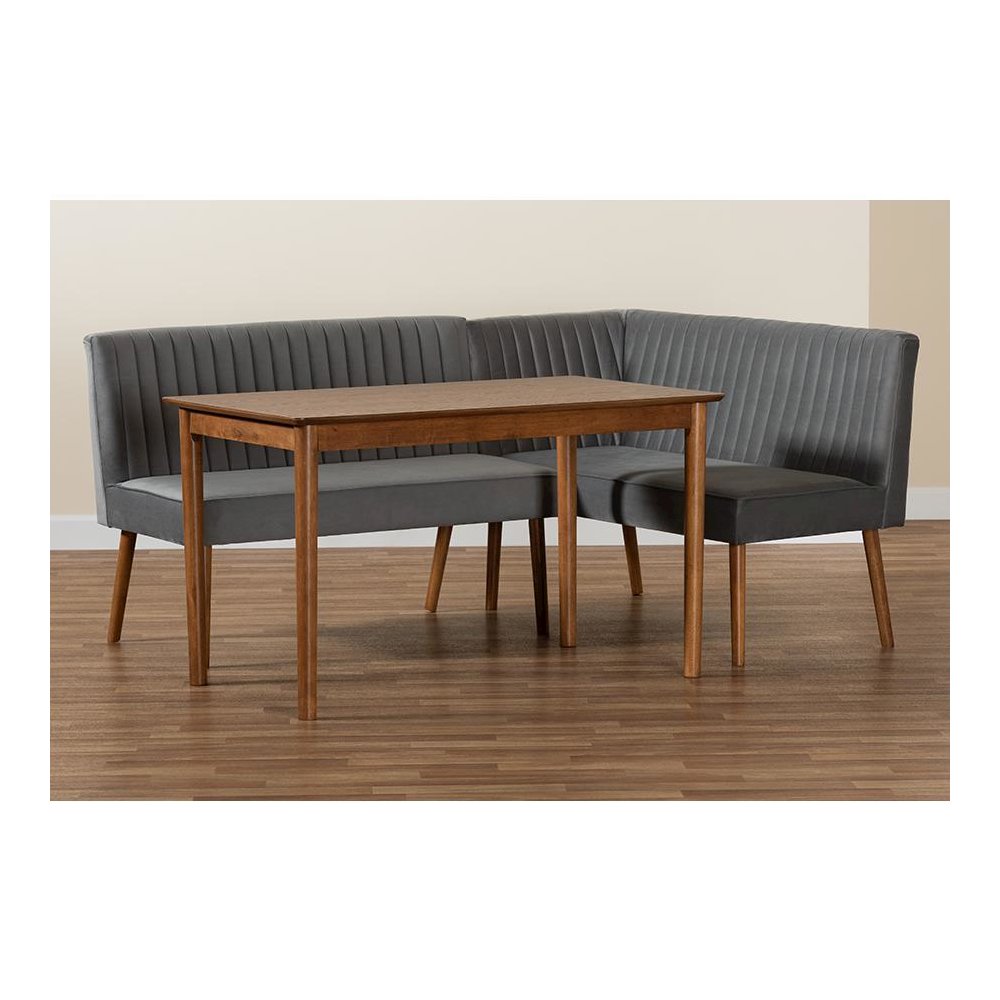 Grey Velvet Upholstered and Walnut Brown Finished Wood 3-Piece Dining Nook Set. Picture 10
