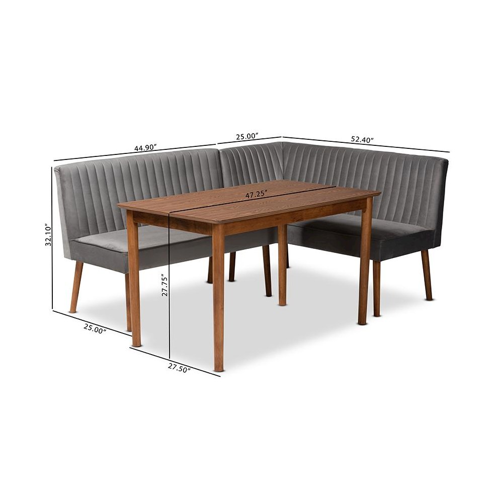 Grey Velvet Upholstered and Walnut Brown Finished Wood 3-Piece Dining Nook Set. Picture 11