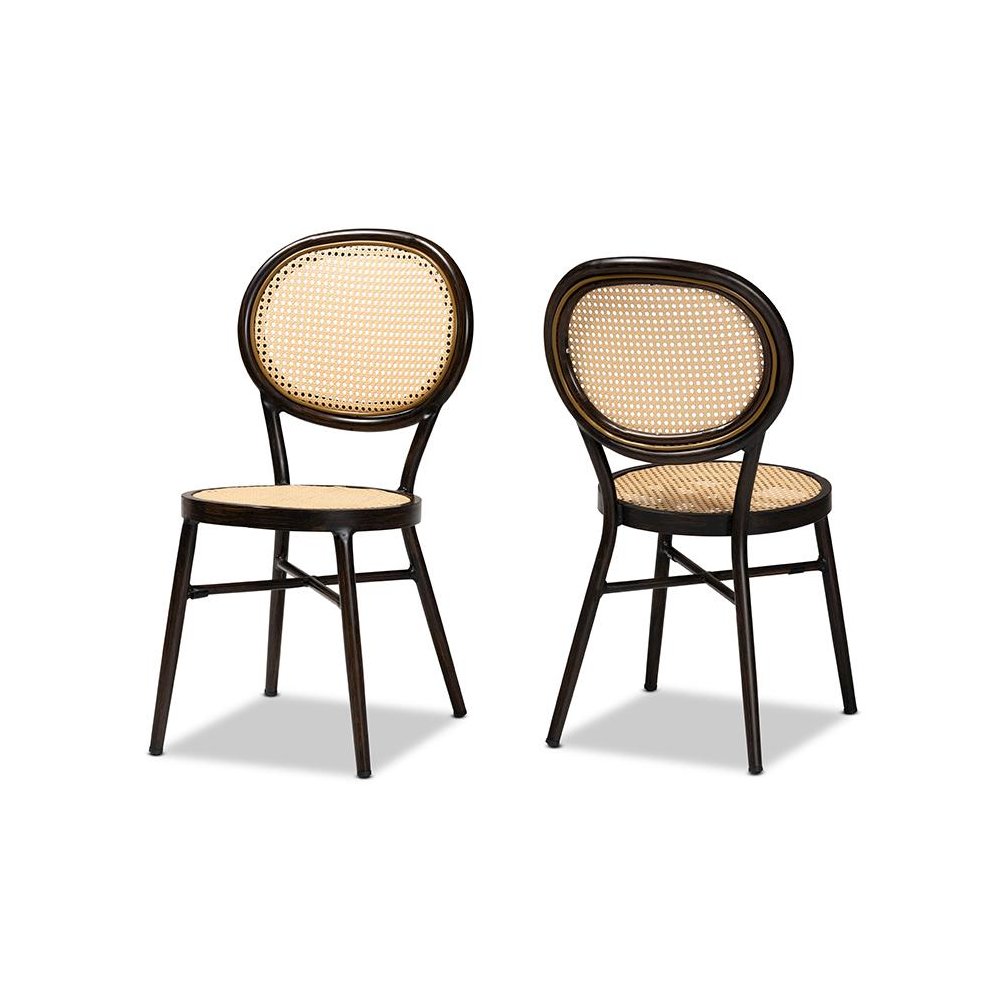 Dark Brown Finished Metal and Synthetic Rattan 2-Piece Outdoor Dining Chair Set. Picture 1