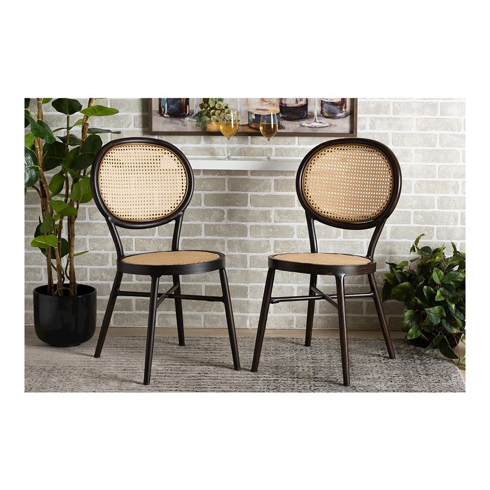 Dark Brown Finished Metal and Synthetic Rattan 2-Piece Outdoor Dining Chair Set. Picture 10