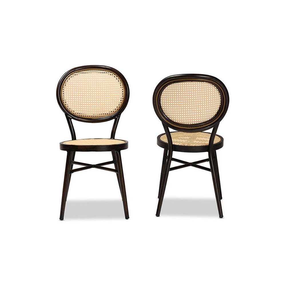 Dark Brown Finished Metal and Synthetic Rattan 2-Piece Outdoor Dining Chair Set. Picture 2