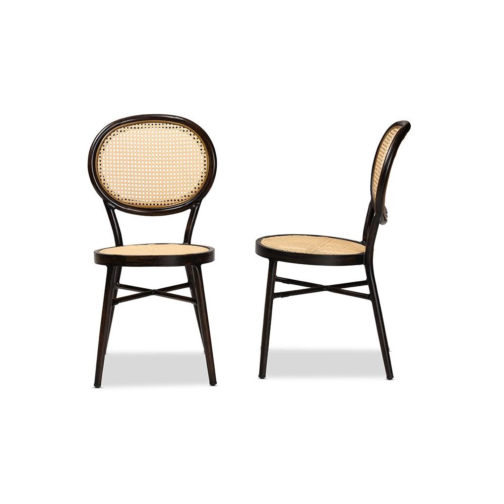 Dark Brown Finished Metal and Synthetic Rattan 2-Piece Outdoor Dining Chair Set. Picture 3