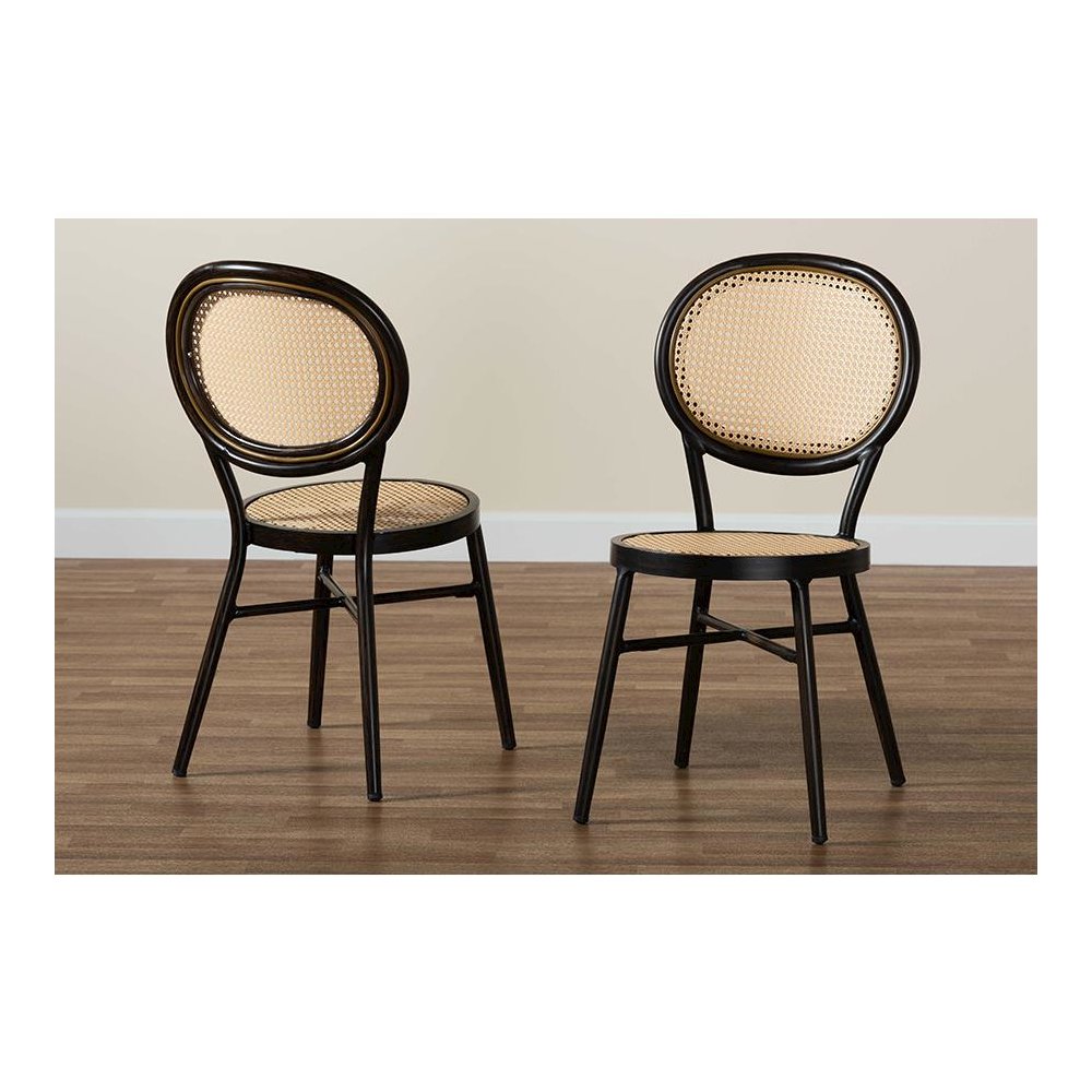 Dark Brown Finished Metal and Synthetic Rattan 2-Piece Outdoor Dining Chair Set. Picture 8