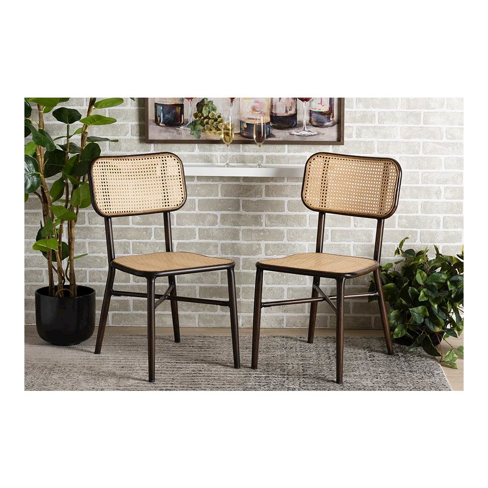 Dark Brown Finished Metal and Synthetic Rattan 2-Piece Outdoor Dining Chair Set. Picture 10