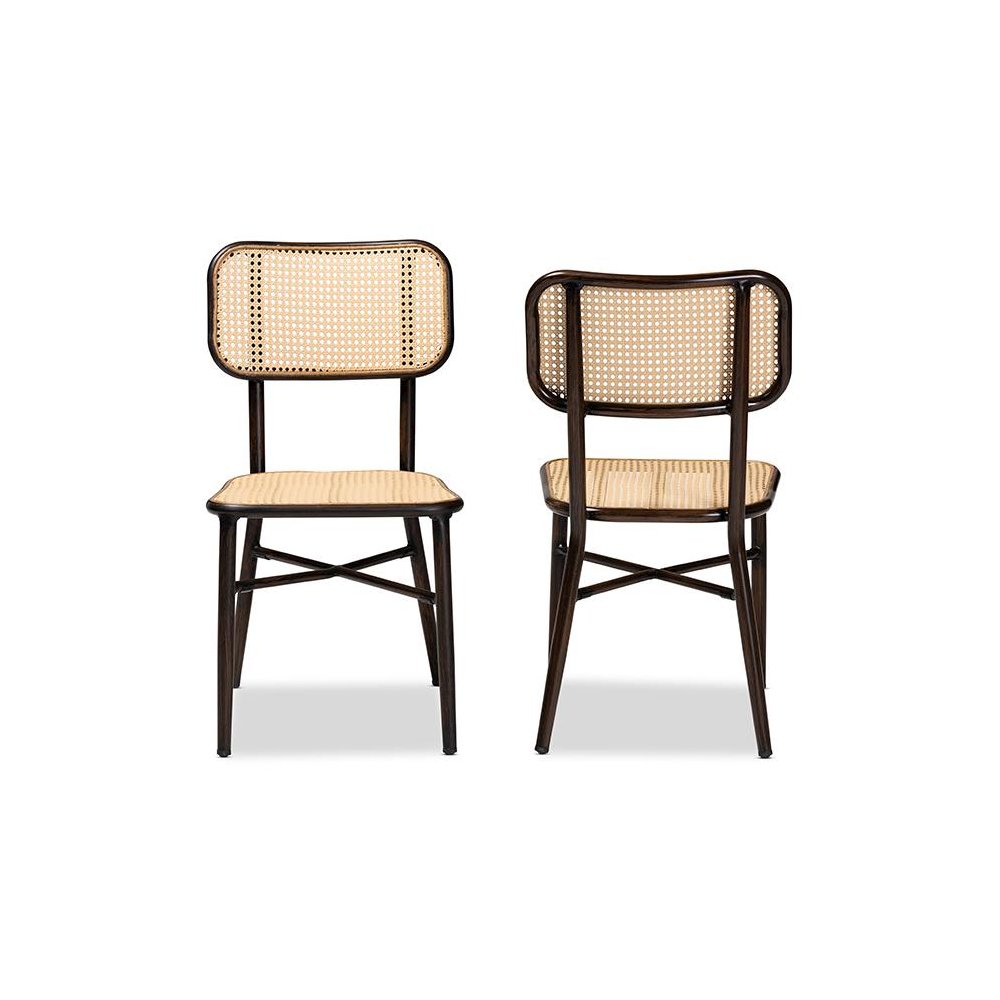 Dark Brown Finished Metal and Synthetic Rattan 2-Piece Outdoor Dining Chair Set. Picture 2