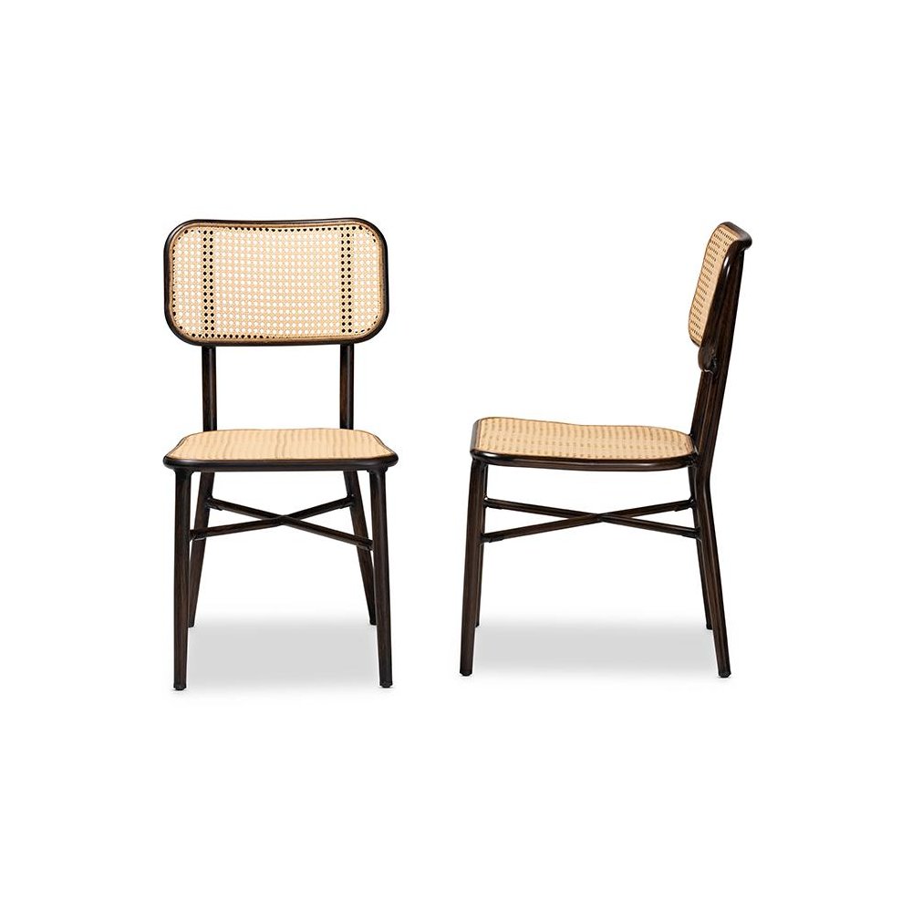 Dark Brown Finished Metal and Synthetic Rattan 2-Piece Outdoor Dining Chair Set. Picture 3