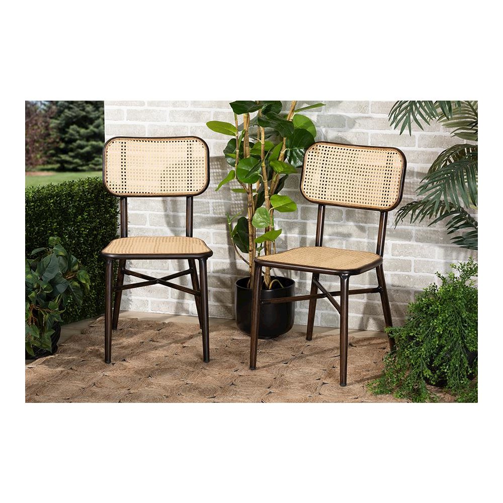 Dark Brown Finished Metal and Synthetic Rattan 2-Piece Outdoor Dining Chair Set. Picture 7