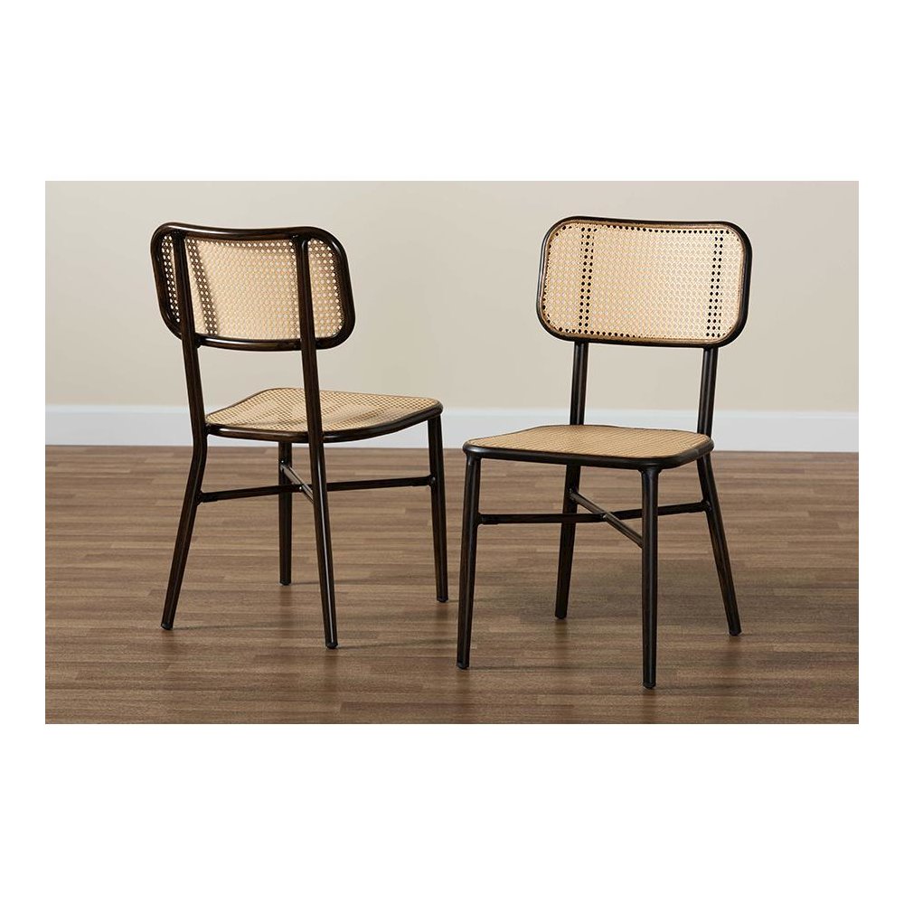 Dark Brown Finished Metal and Synthetic Rattan 2-Piece Outdoor Dining Chair Set. Picture 8
