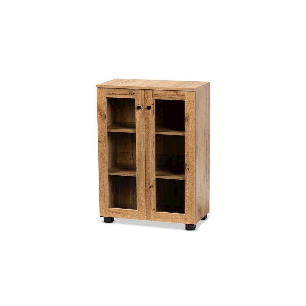 Oak Brown Finished Wood 2-Door Storage Cabinet with Glass Doors. Picture 1