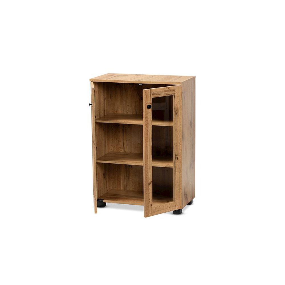 Oak Brown Finished Wood 2-Door Storage Cabinet with Glass Doors. Picture 2