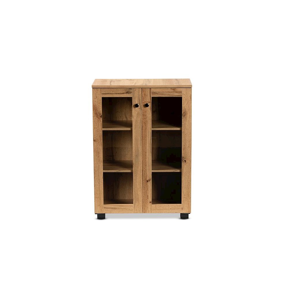 Oak Brown Finished Wood 2-Door Storage Cabinet with Glass Doors. Picture 3