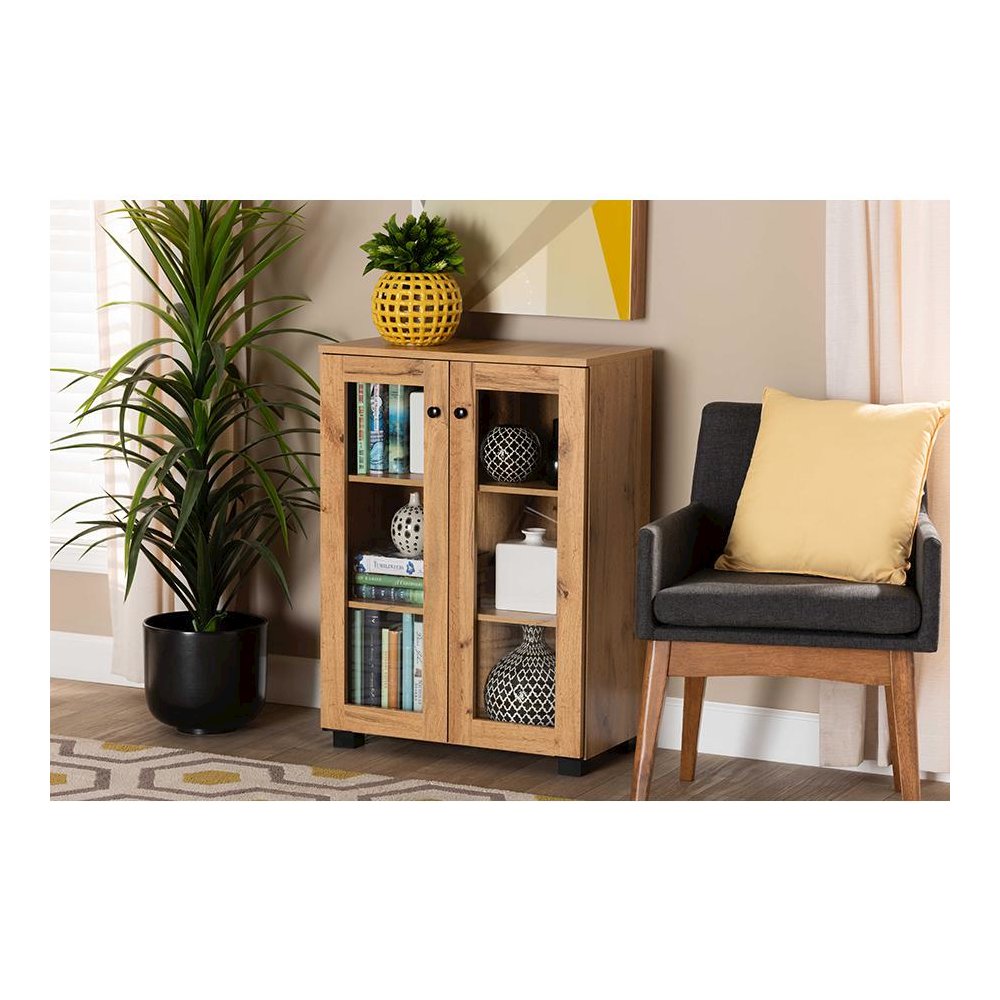 Oak Brown Finished Wood 2-Door Storage Cabinet with Glass Doors. Picture 7