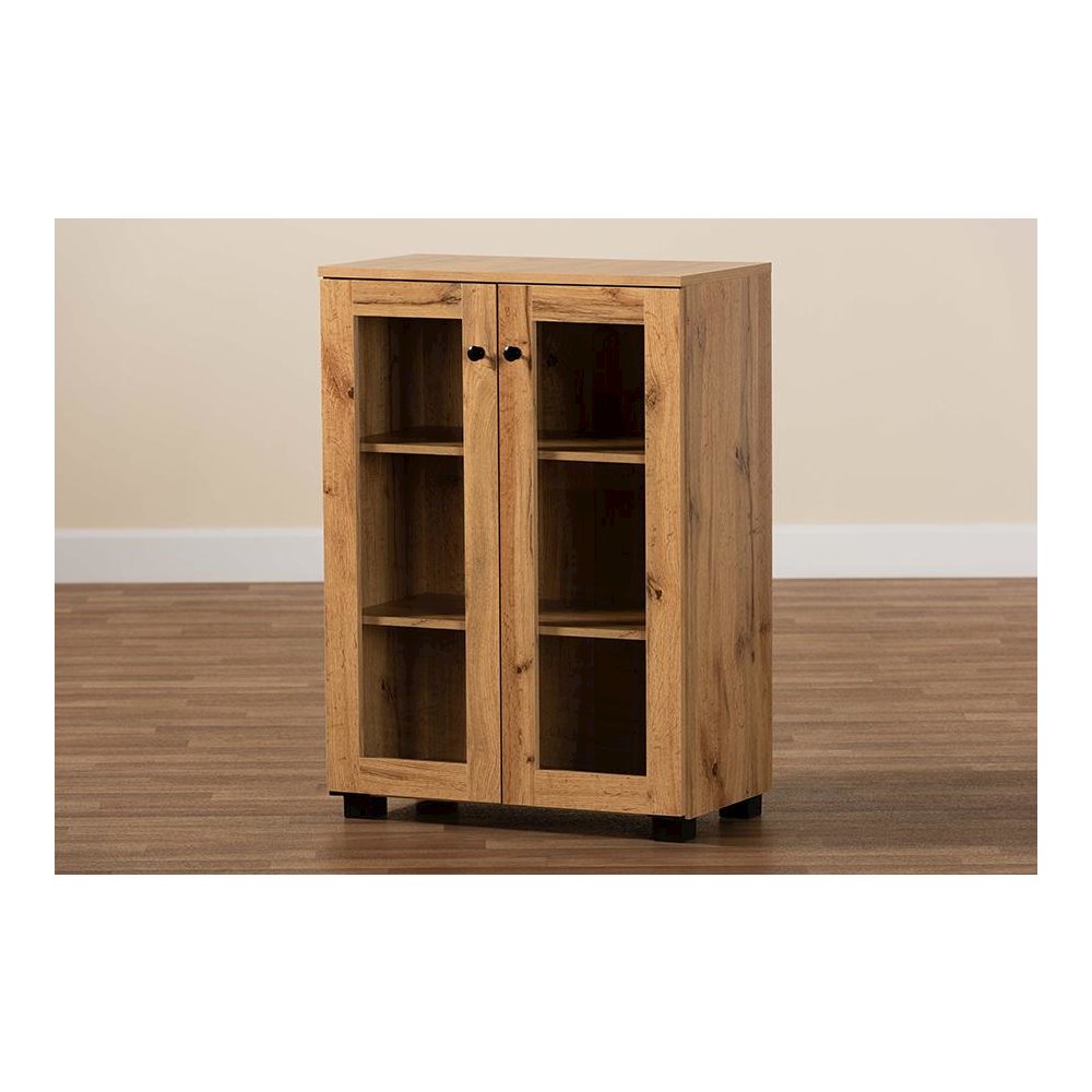 Oak Brown Finished Wood 2-Door Storage Cabinet with Glass Doors. Picture 8