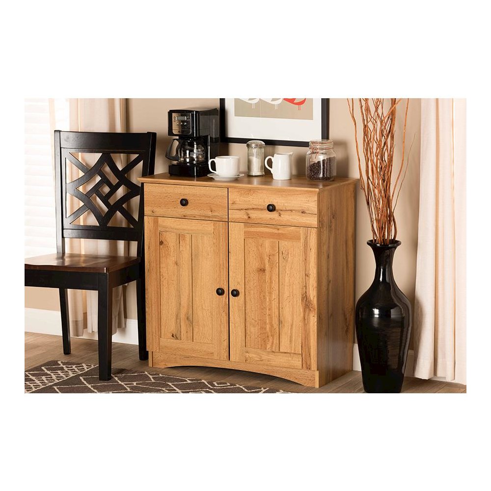 Oak Brown Finished Wood 2-Door Buffet Kitchen Cabinet. Picture 6