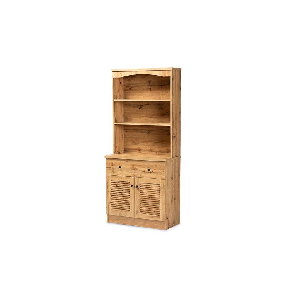 Oak Brown Finished Wood Buffet and Hutch Kitchen Cabinet. Picture 1