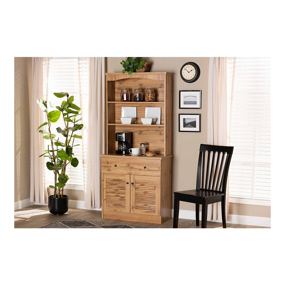 Oak Brown Finished Wood Buffet and Hutch Kitchen Cabinet. Picture 6
