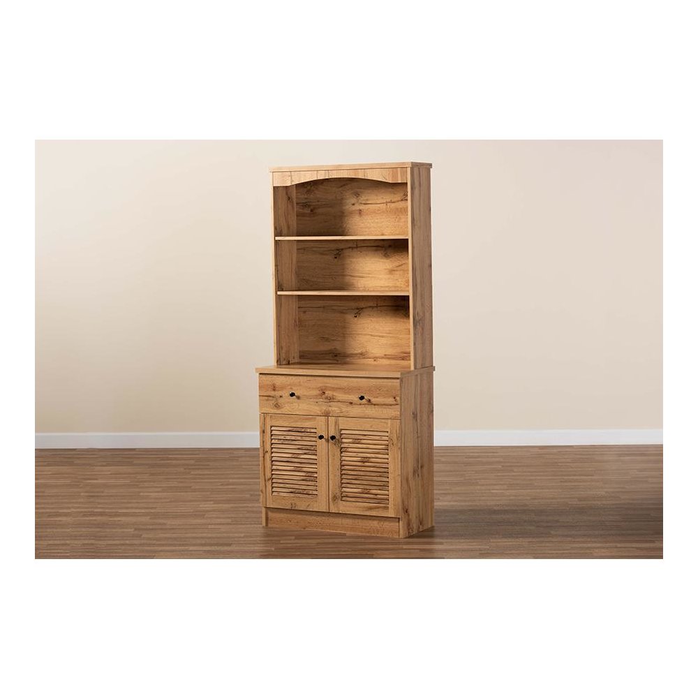 Oak Brown Finished Wood Buffet and Hutch Kitchen Cabinet. Picture 7
