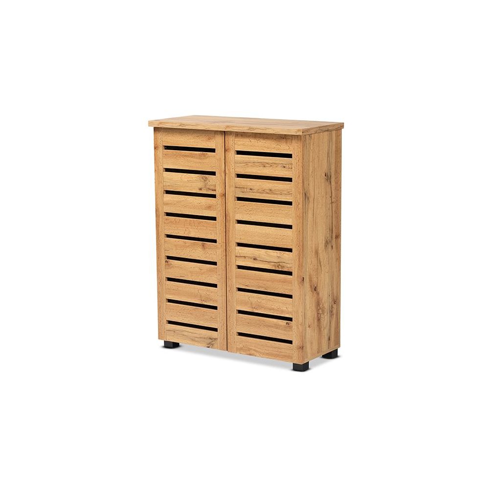 Oak Brown Finished Wood 2-Door Shoe Storage Cabinet. Picture 1