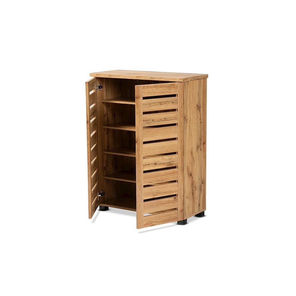 Oak Brown Finished Wood 2-Door Shoe Storage Cabinet. Picture 2