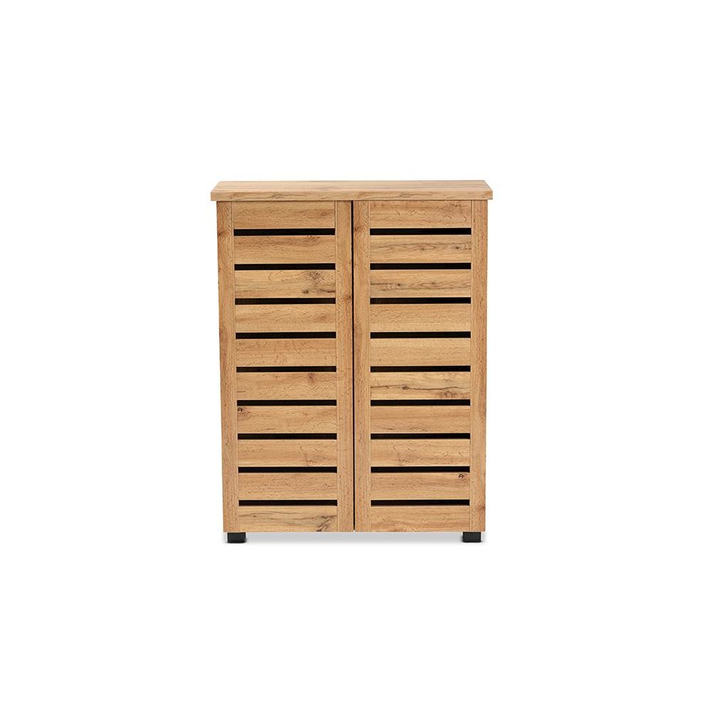 Oak Brown Finished Wood 2-Door Shoe Storage Cabinet. Picture 3