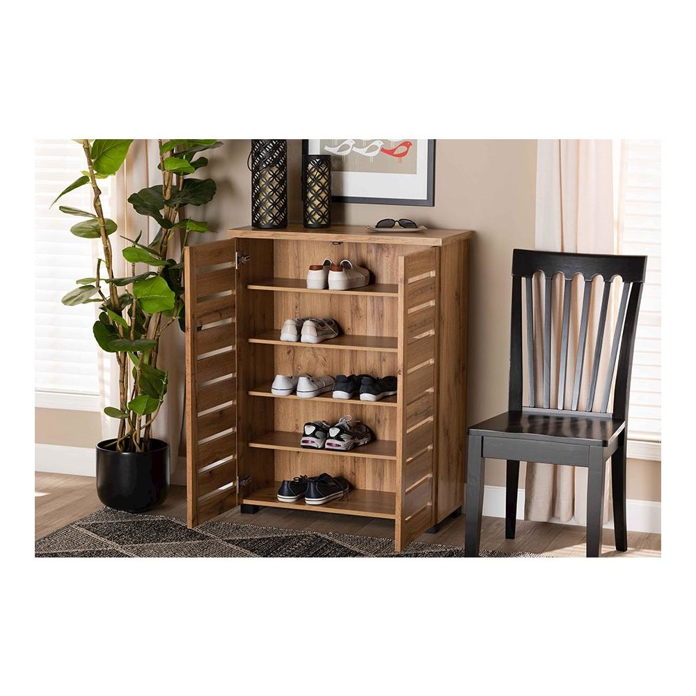 Oak Brown Finished Wood 2-Door Shoe Storage Cabinet. Picture 8