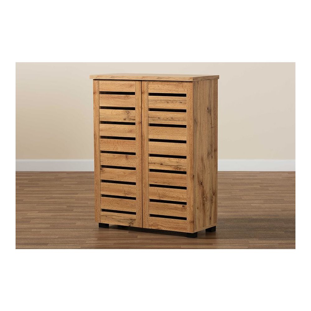Oak Brown Finished Wood 2-Door Shoe Storage Cabinet. Picture 9