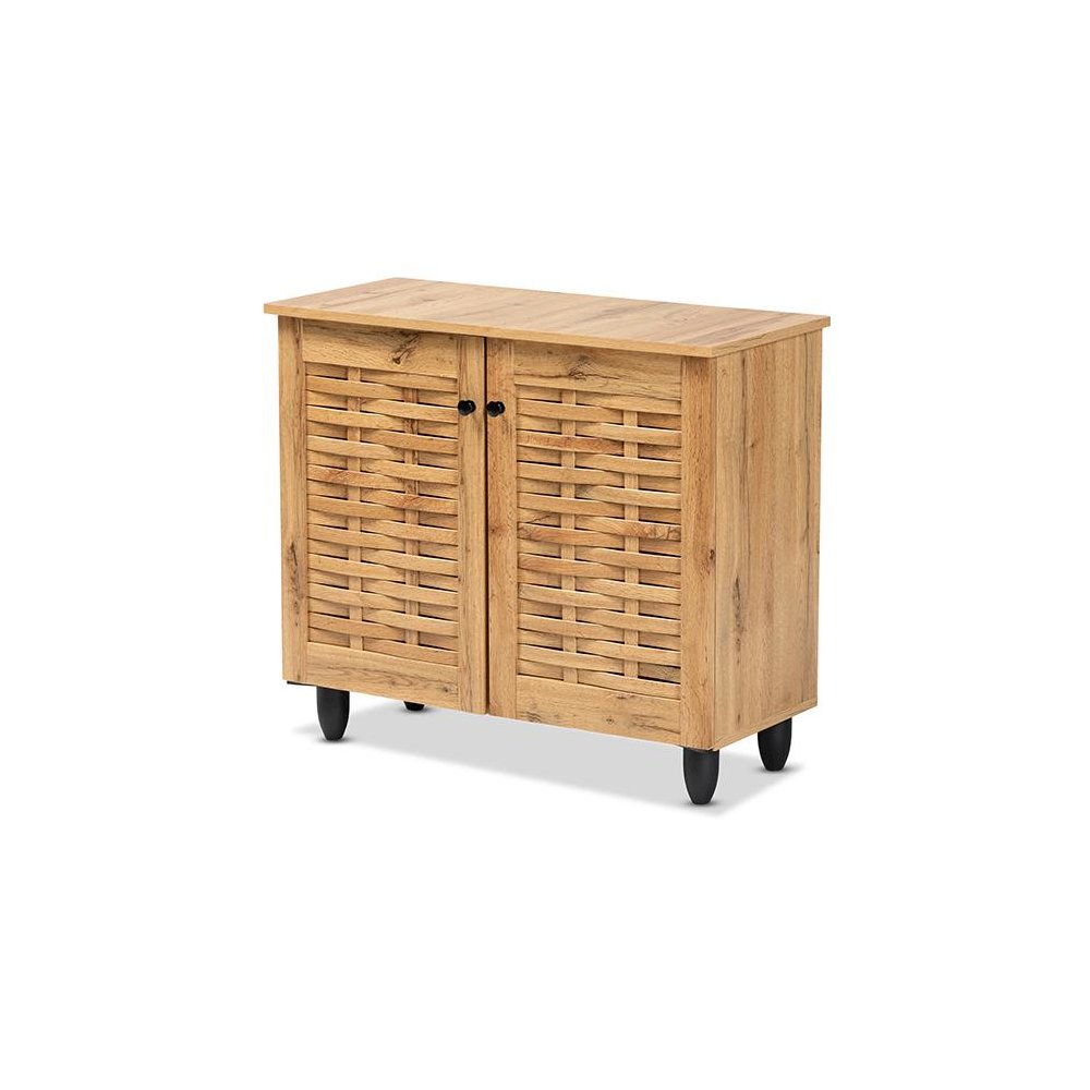 Winda Modern and Contemporary Oak Brown Finished Wood 2-Door Shoe Cabinet. Picture 1