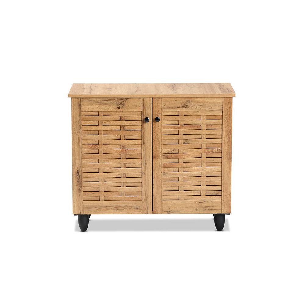 Winda Modern and Contemporary Oak Brown Finished Wood 2-Door Shoe Cabinet. Picture 3
