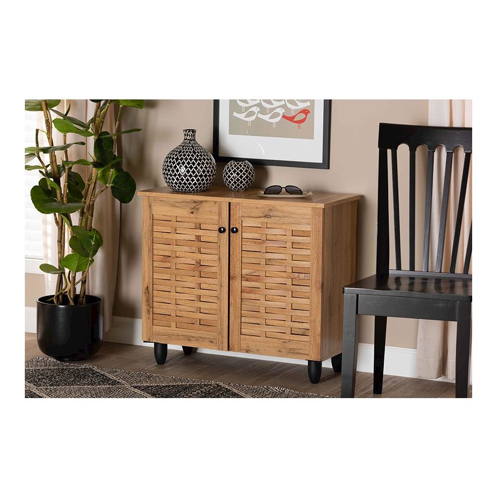 Winda Modern and Contemporary Oak Brown Finished Wood 2-Door Shoe Cabinet. Picture 7