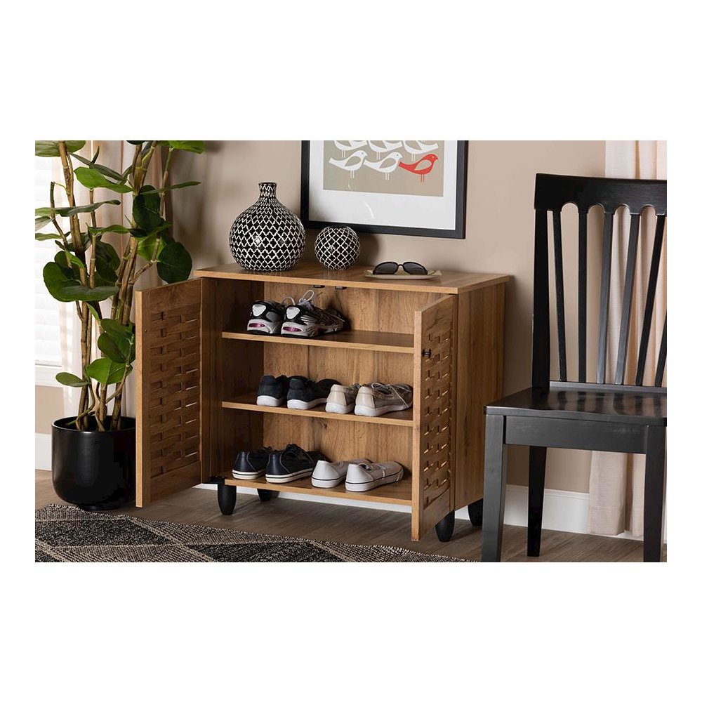 Winda Modern and Contemporary Oak Brown Finished Wood 2-Door Shoe Cabinet. Picture 8