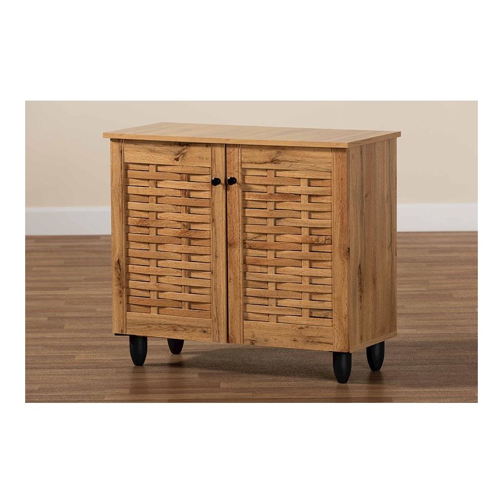 Winda Modern and Contemporary Oak Brown Finished Wood 2-Door Shoe Cabinet. Picture 9